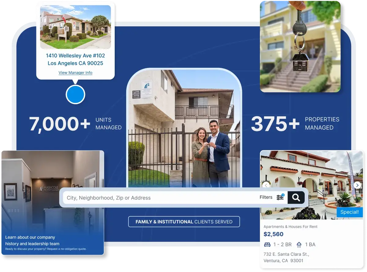 Property management website preview with rental listings, property search and 7,000+ units managed