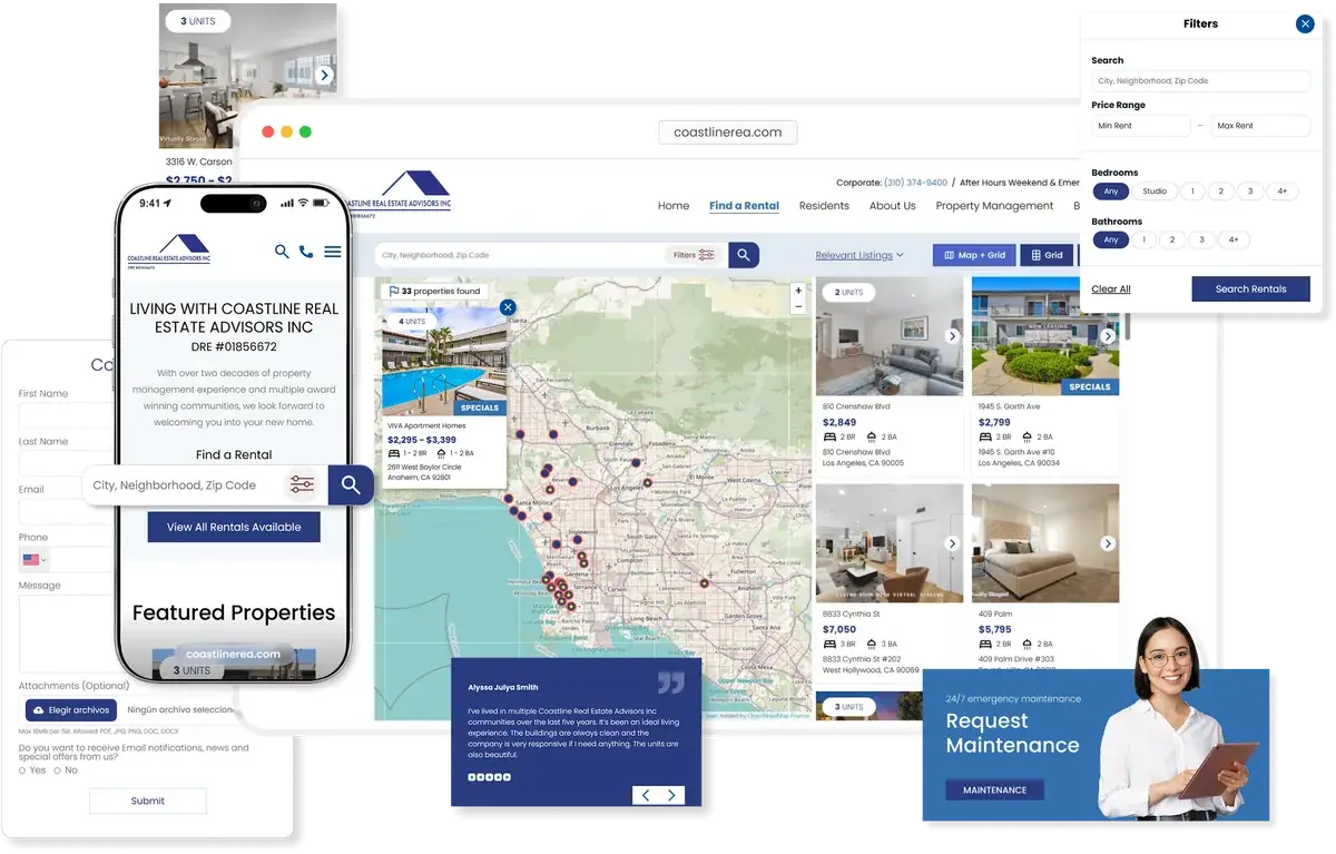 Interactive rental website on desktop and mobile with map search, property listings and maintenance requests