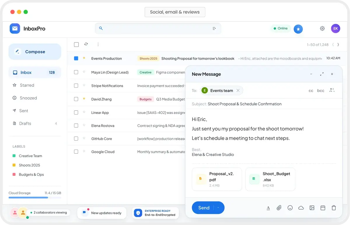 Email marketing inbox with a new campaign message being composed