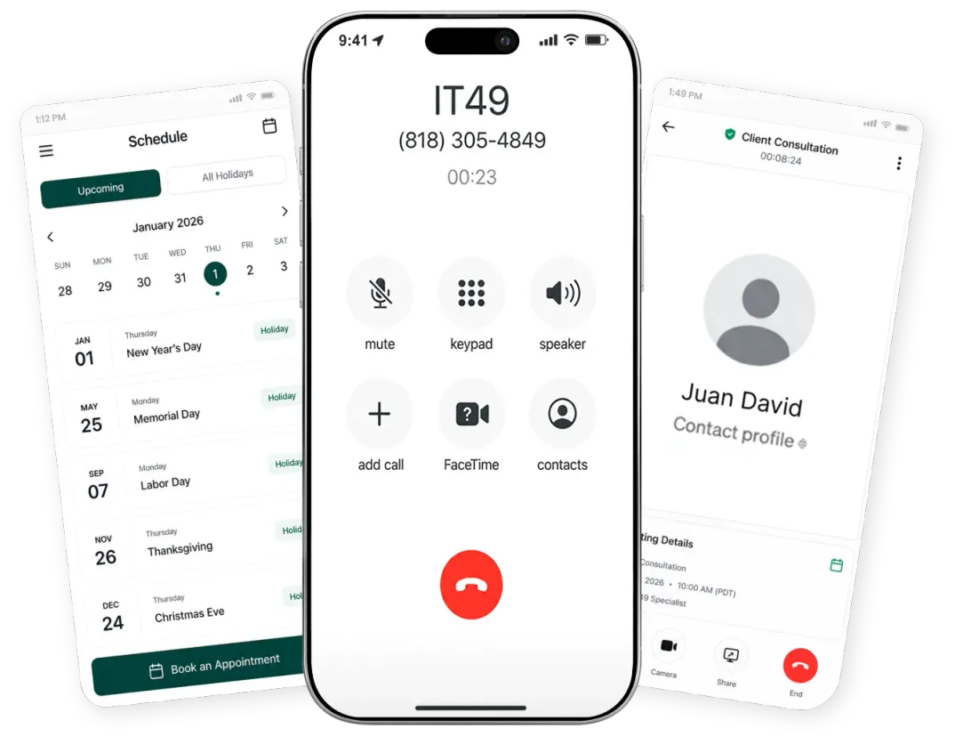 IT49 app screens for schedule, call, and client consultation